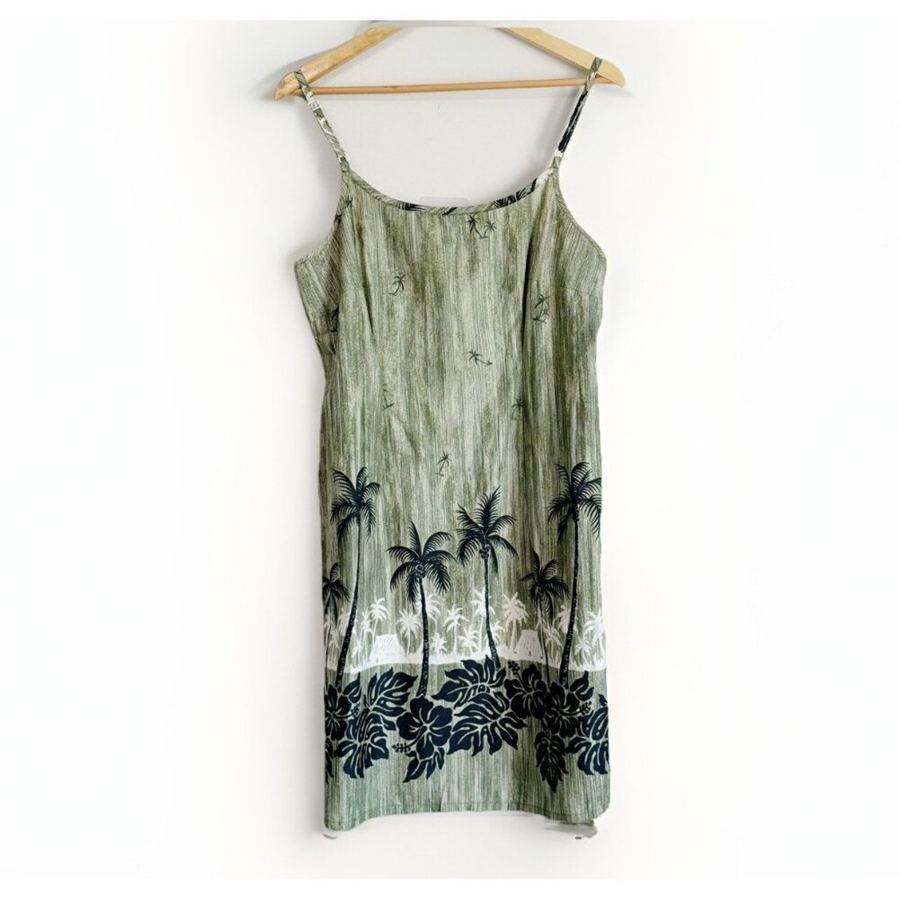 Vintage Hilo Hattie Women’s Green Palm Tree Dress 14 Knee Length Resort Hawaiian